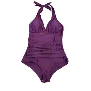 Ruffled V Neck One Piece Swimsuit Cranberry Purple Size S